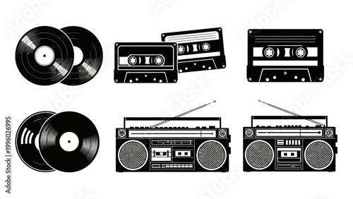 Retro Audio Cassettes and Vinyl Records Collection with Boombox