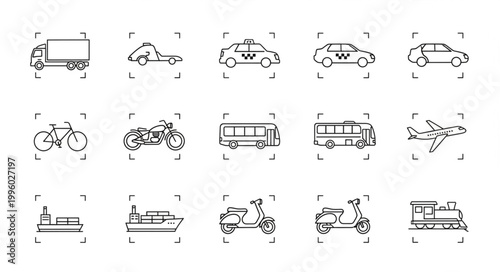 Collection of diverse transportation vehicle line art icons.