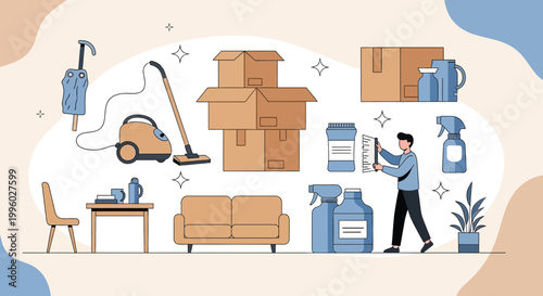 Moving Day: Packing, Cleaning Supplies, Furniture, and Boxes for Relocation