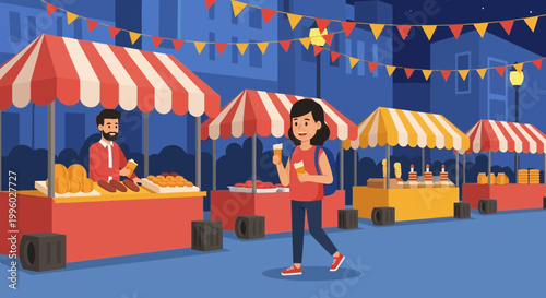 Night street market with stalls and people enjoying food and drinks