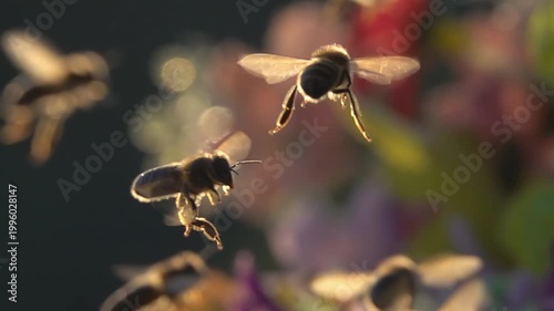 Bees, honeybees flying arround flowers in sunlight.