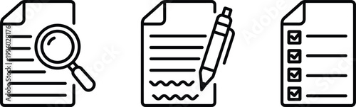 Document icons set, report checklist analysis paperwork symbols vector illustration collection design