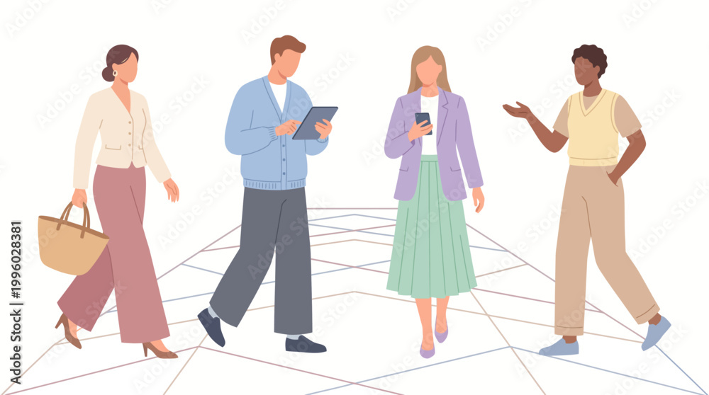 Obraz premium Diverse Business People Four Connected Network Grid Walking Casual Pastel Flat Vector Illustration
