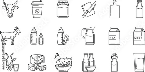 Set of dairy and milk vector icons including cows, bottles, cheese, and dairy products for farming and nutrition designs