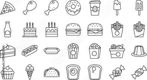 Set of food and snack vector icons including pizza, burgers, ice cream, cake, and beverages for fast food and meal designs