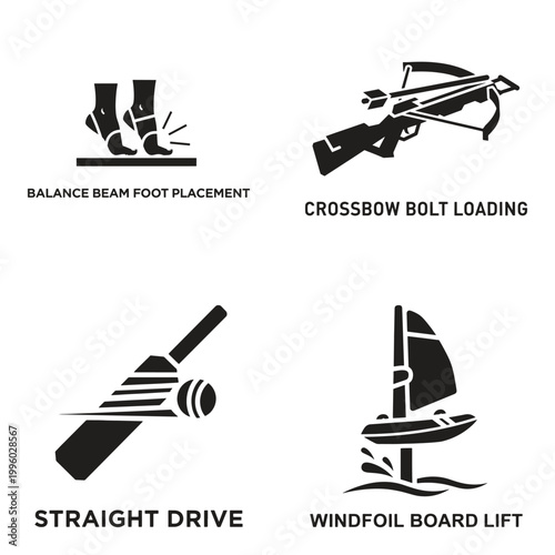 Set of Technical Skill and Sport Activity Vector Icons Featuring Gymnastics Balance Beam Placement, Crossbow Loading, Cricket Straight Drive Action, and Windfoil Board Lift Maneuver Illustrations