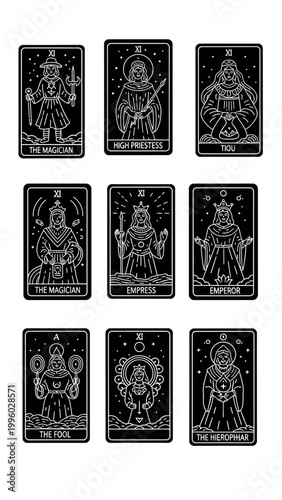 Tarot Cards Oracle Mystical Fortune Telling Symbols Black and White Line Art