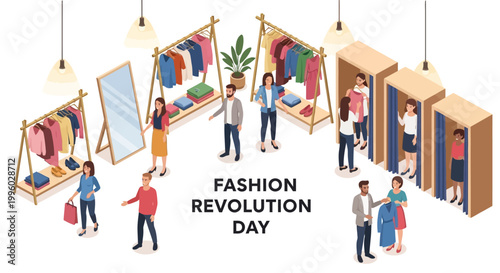 Isometric illustration depicting Fashion Revolution Day, showcasing shoppers browsing clothing racks and fitting rooms in a bright boutique, emphasizing sustainable fashion concept