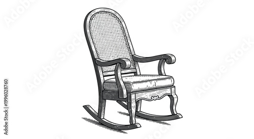 A detailed black and white illustration of a classic wooden rocking chair with a woven back