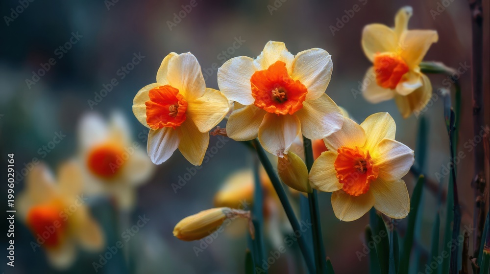Fototapeta premium Cluster of yellow and white daffodils with bright orange centers in soft focus flower