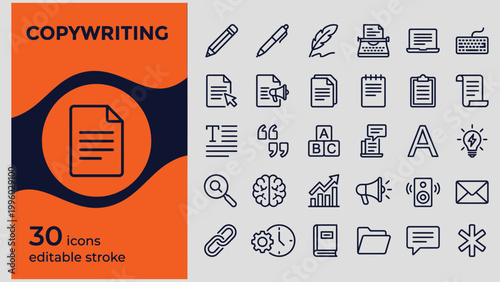 Copywriting icons set for writing editing and marketing on gray background