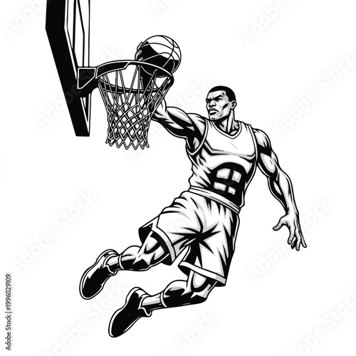 Dynamic black and white illustration of an athletic basketball player executing a powerful slam dunk over a hoop, captured mid-air with intense focus and energy