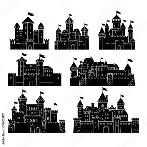 Medieval Castle Silhouettes Set - Fantasy Fortress Icons