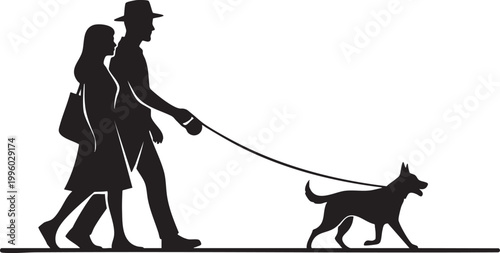 Couple walking a dog on a leash in silhouette with pet owner, walk time