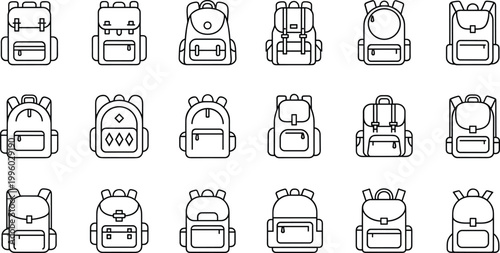Set of backpack vector illustrations featuring different styles and designs for school, travel, and casual use