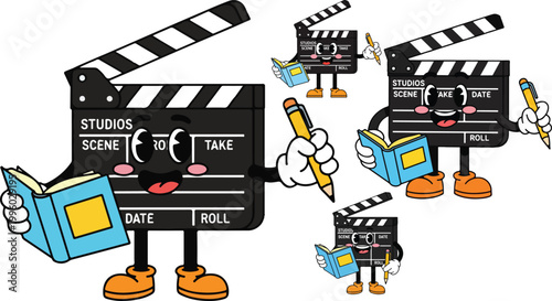 Cartoon clapper boards, film production icons, colorful animation characters, movie making symbols