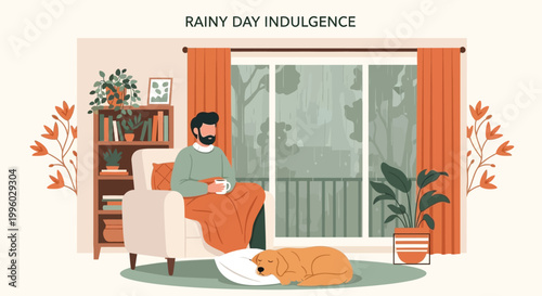 A cozy indoor scene depicts a man relaxing with a beverage and his dog on a rainy day