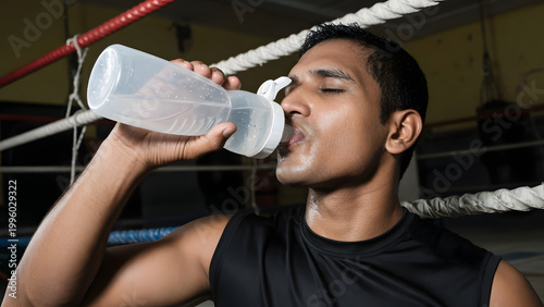 a man drinking water in a boxing gym wearing fitted black top near the ring ropes