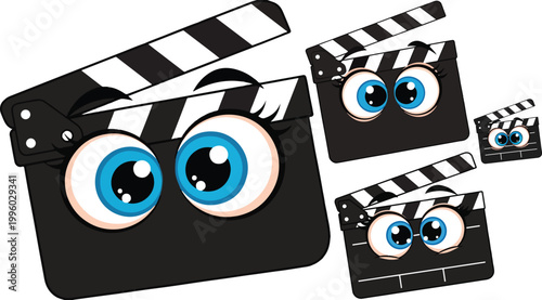 Cartoon clapperboards, film making icons, movie production symbols, blue eyes, black and white