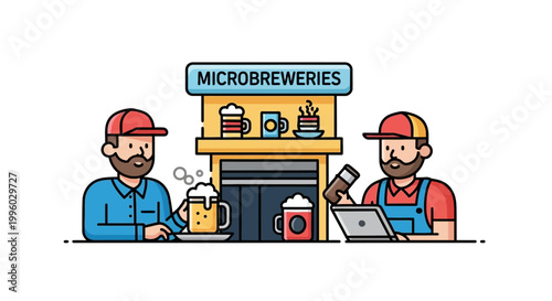 Two Men Enjoying Beer at a Microbrewery with Laptop and Mugs.