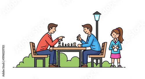 Two Men Playing Chess Outdoors with a Spectator Watching.