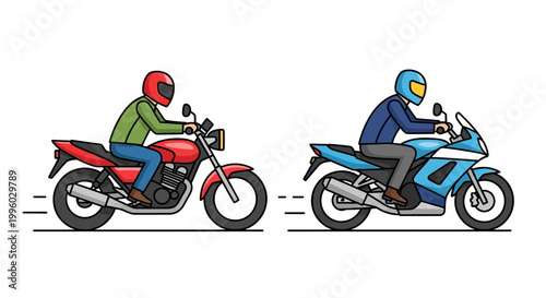 Two Motorcyclists Riding Sport Motorcycles on a White Background.