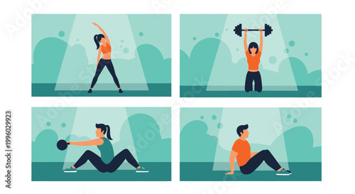 A series of illustrated panels depict diverse individuals engaged in various fitness and exercise routines
