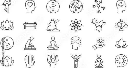 Set of wellness and mindfulness vector icons including yoga, meditation, balance, and mental health symbols for relaxation and self-care designs