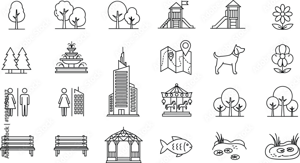 Obraz premium Set of outdoor park vector icons including trees, playgrounds, benches, fountains, and recreational elements for public space designs