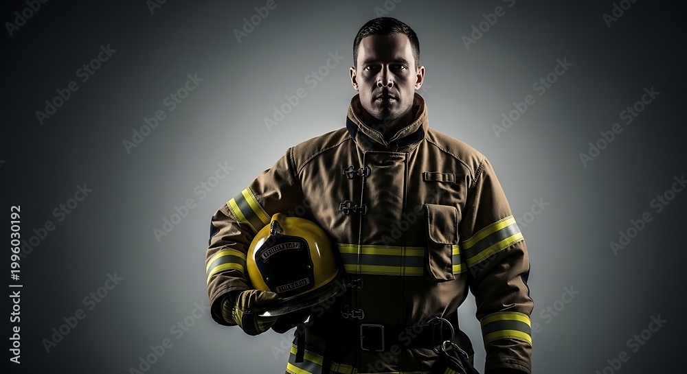 Fototapeta premium Portrait of a brave male firefighter in uniform holding a helmet, ready to serve and protect
