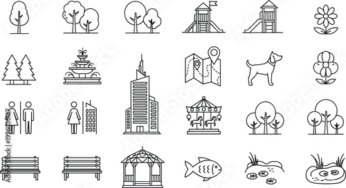Set of outdoor park vector icons including trees, playgrounds, benches, fountains, and recreational elements for public space designs