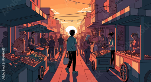 Vibrant street market illustration at sunset with people shopping for fresh produce.