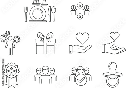 Set of business, social, and gift vector icons including dinner, teamwork, awards, and baby care for professional and personal design projects