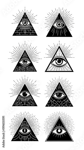 All Seeing Eye Triangle Symbols Set, Mystical Sunburst Rays, Esoteric Icons