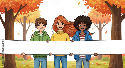 Diverse happy teenagers holding a blank white banner in an autumn park illustration