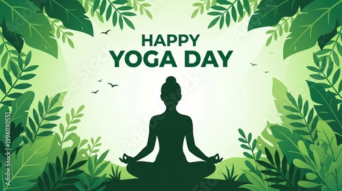 International yoga day illustration with nature silhouette