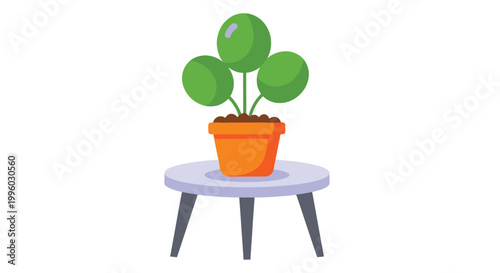 A vibrant stylized illustration depicts a potted plant resting on a small round table