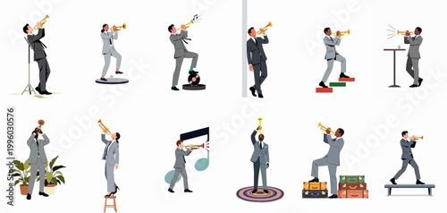 Collection of diverse business professionals in suits playing trumpets in creative settings, flat vector illustration set isolated on white background.