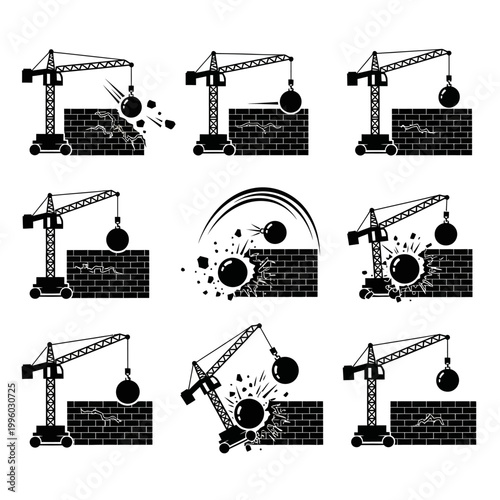 Demolition Crane Icons: Wrecking Ball Breaking Brick Wall - Set