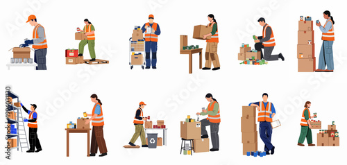Set of vector illustrations featuring warehouse workers and volunteers in high-visibility vests packing food boxes and organizing inventory for charity or logistics.