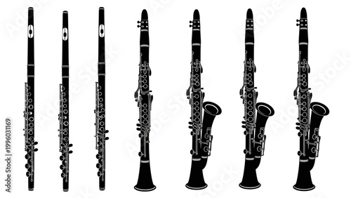 Woodwind Instruments Collection: Flutes and Clarinets Silhouettes