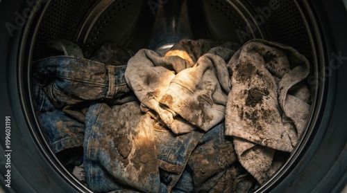 Dirty clothes inside washing machine before cleaning with mud and stains