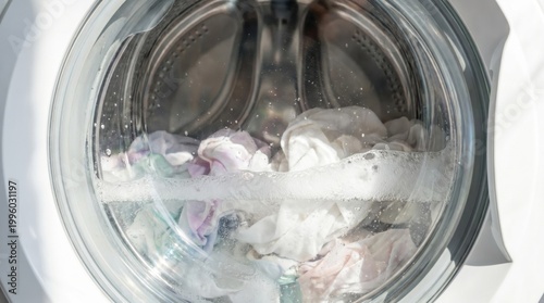 Light pastel clothes washing inside washing machine with foam and water