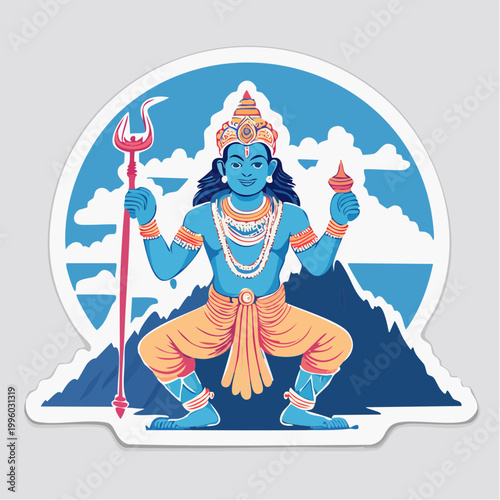 Illustration of Lord Vishnu in blue skin holding a trident and mace