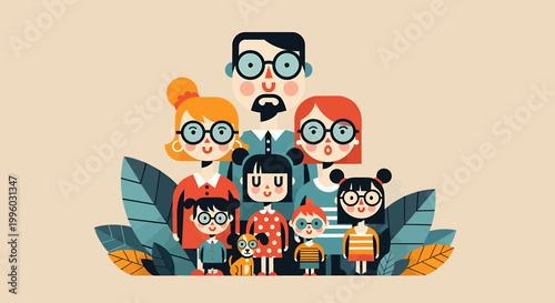 Happy Diverse Family Portrait Illustration.