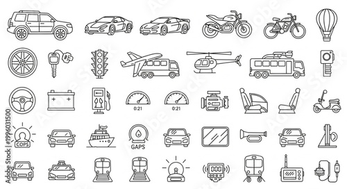 Collection of hand-drawn vehicle and transport icons.