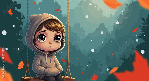 Sad Child Sitting Alone on a Swing in a Forest.