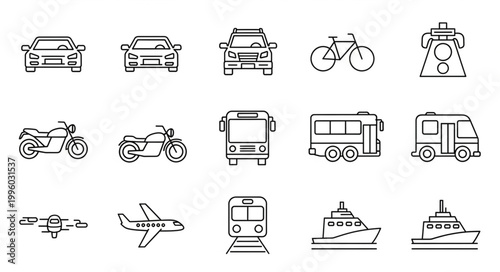 Collection of various transportation vehicle icons line art.