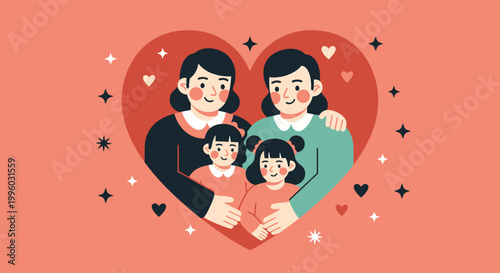 Two mothers embracing their two daughters in a loving family portrait.