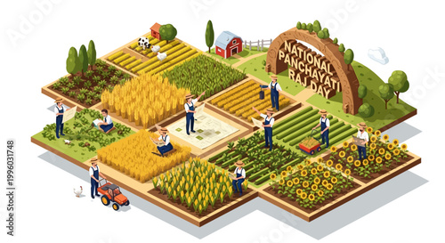 Isometric illustration depicting National Panchayati Raj Day in India, showcasing farmers tending to diverse crops across a patchwork of fields, with a celebratory archway in the background